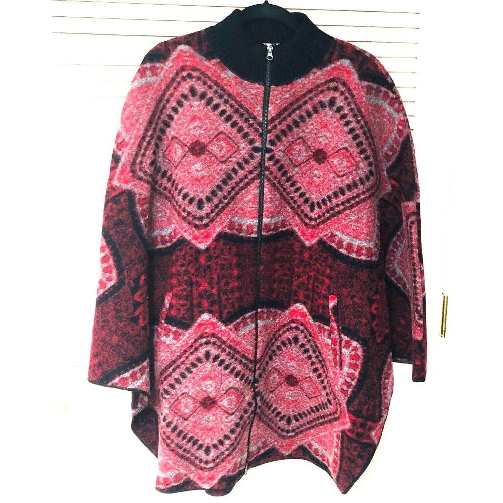 Sahalie Womens Zip Sweater Poncho L XL Wool Blend Shawl Wrap Coat Abstract